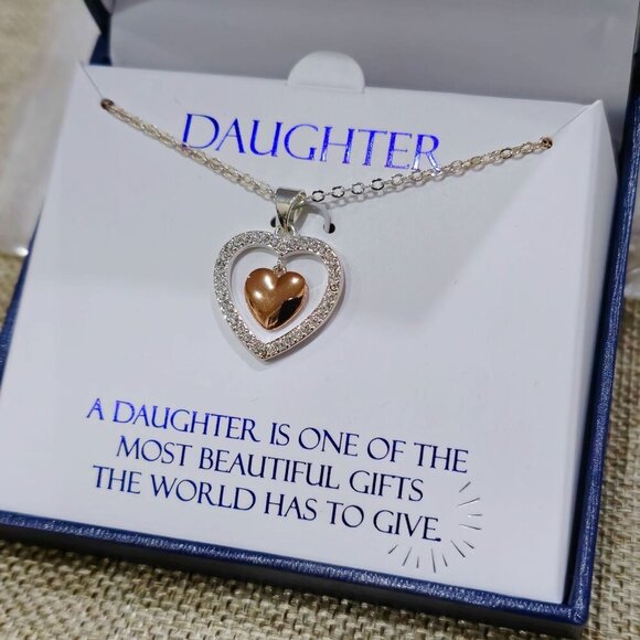 “Daughter” Swarovski Crystal Heart Pendant – 925 Silver & 18K Rose Gold 18" - Picture 4 of 4